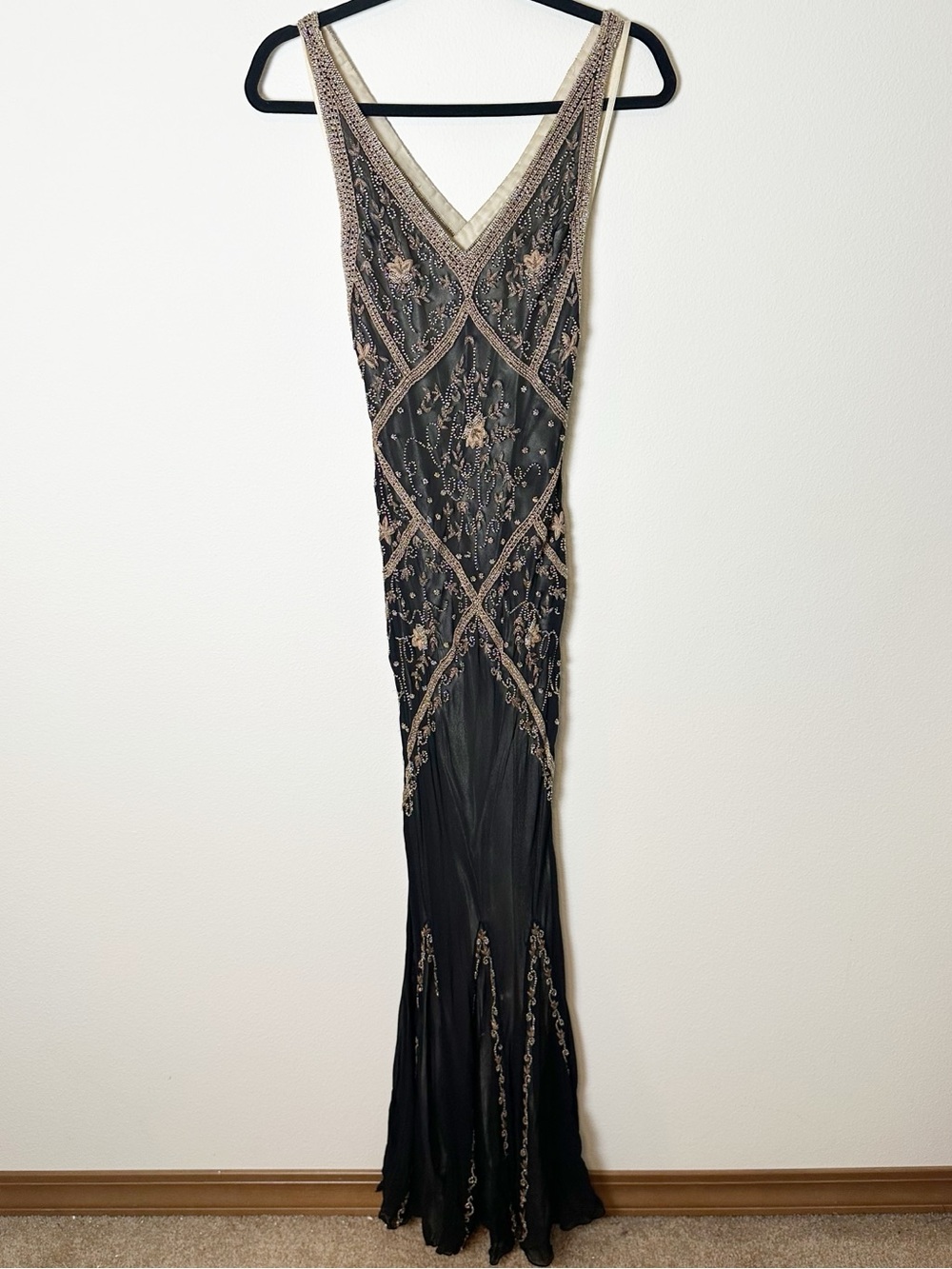 Cache Vintage Black Silk Gold Beaded Maxi Dress Gown 6